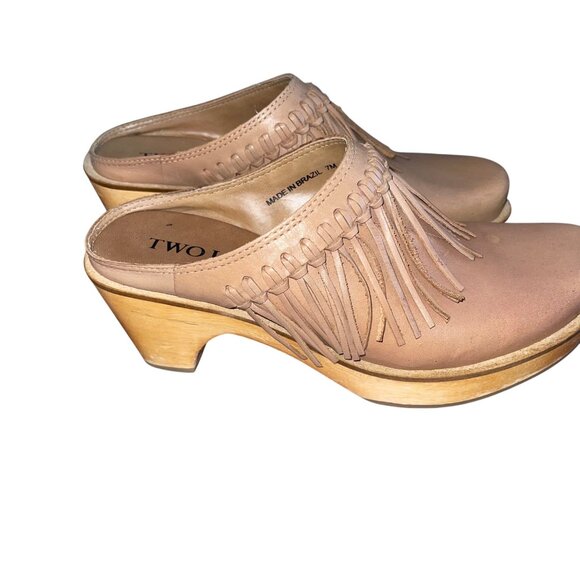 Two Lips Womens Clogs Size 7 Brown Sylvia Leather Fringed Chunky Heel Casual - Picture 3 of 12